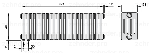 Схема (чертеж) Радиатор Zehnder Charleston 5040/19 №3370 Белый глянцевый RAL 9016